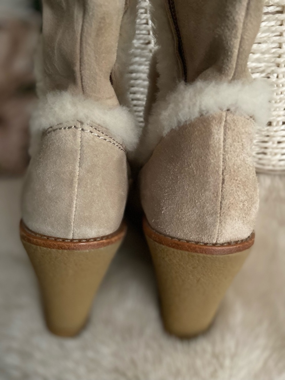 Coach Beige Signature Shearling Wedge Boots with Gold Hardware - Picture 7 of 16